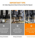 Connection guide for Grillin Ready Portable Double Burner Propane Stove showing correct air intake alignment with burners.