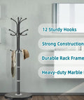 Marble Base Coat Rack With 12 Hooks, Freestanding Metal Coat Tree Stand For Entryway And Hallway, Black Finish, displayed in room