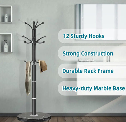 Marble Base Coat Rack With 12 Hooks, Freestanding Metal Coat Tree Stand For Entryway And Hallway, Black Finish, displayed in room