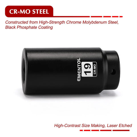 Half Inch Drive 19mm Harmonic Balancer Socket Chrome Moly Heavy Duty Crank Bolt Removal Tool For Stubborn Bolts With 6 Point Design And High Torque Impact Performance, showing close-up of black CR-MO steel socket with size markings.
