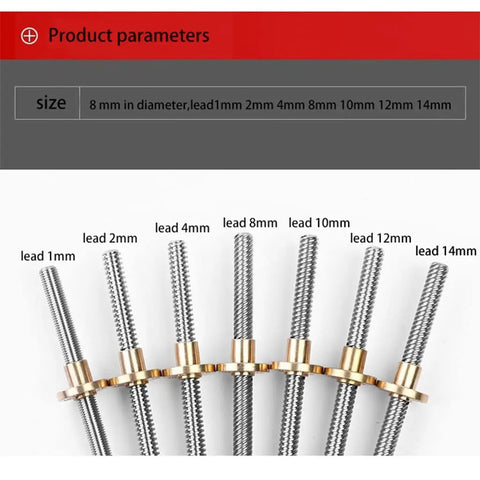 Vertical T8 Lead Screw Kit For CNC And 3D Printer Projects With Nut Bearing, various leads from 1mm to 14mm, 8mm diameter