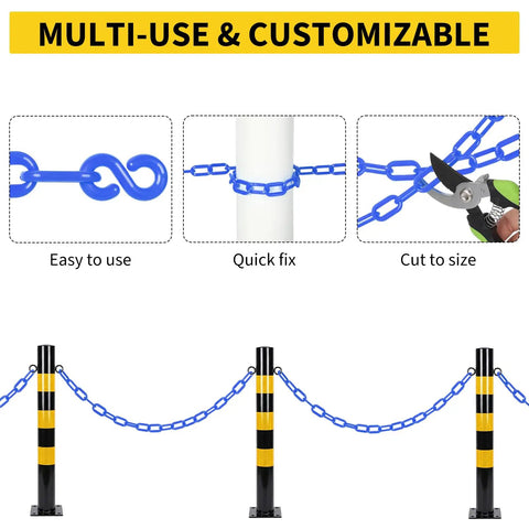 Heavy Duty 120 Ft Plastic Safety Chain With 25 S Hooks For Crowd Control And Barrier Setup All Weather UV Resistant Outdoor Chain Links For Parking Lots Queues Construction Sites And Event Perimeter Security showing usage scenarios.