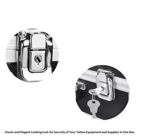 Close-up of locking latch on Portable Tattoo Gear Organizer Case With Locking Latch Pre Cut Foam For Machines And Tips Space For Power Supply