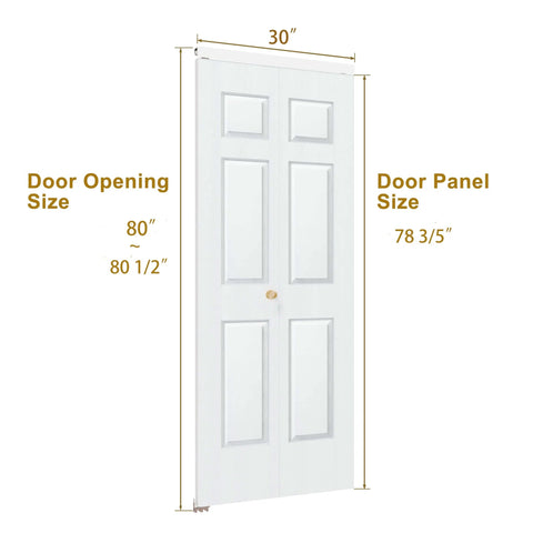 Bifold Door For 30 By 80 Opening, 6 Panel Hollow Core Closet Door With Hardware Kit, White Primed Finish, door dimensions shown