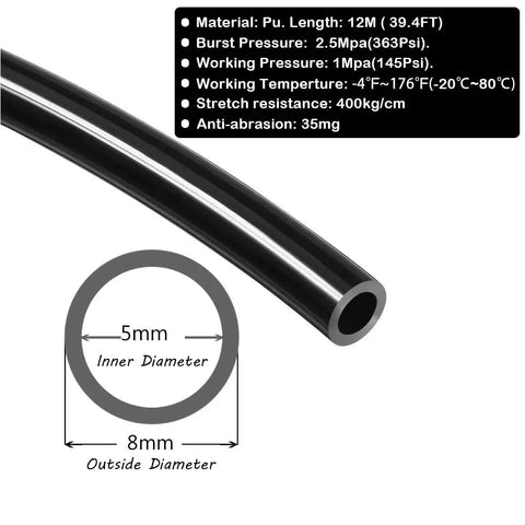 Diagram of Tough Black PU Tubing 8mm By 5mm For Air Compressor 39.4 Feet 12 Meters showing dimensions and specifications