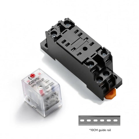 Two Pack 8 Pin DPDT Electromagnetic Relay 24V DC 10A With LED Indicator Socket Base And DIN Rail Mount GR5 Y2CLGT Relays For Control Circuits Plug And Play Ready Industrial Automation Essentials, relay base and guide rail