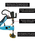 Heavy Duty 220V Electric Tapping Machine With Touch Screen For M3 To M16 Threading showing handle, adjusting screw, and planetary reducer features.