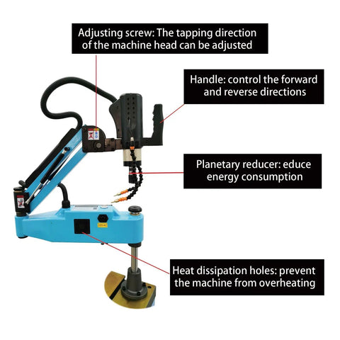 Heavy Duty 220V Electric Tapping Machine With Touch Screen For M3 To M16 Threading showing handle, adjusting screw, and planetary reducer features.