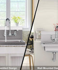 Commercial Wall Mount Kitchen Faucet With 8-Inch Center Gooseneck Swivel Spout, Two Handles in embedded and wall-mounted settings