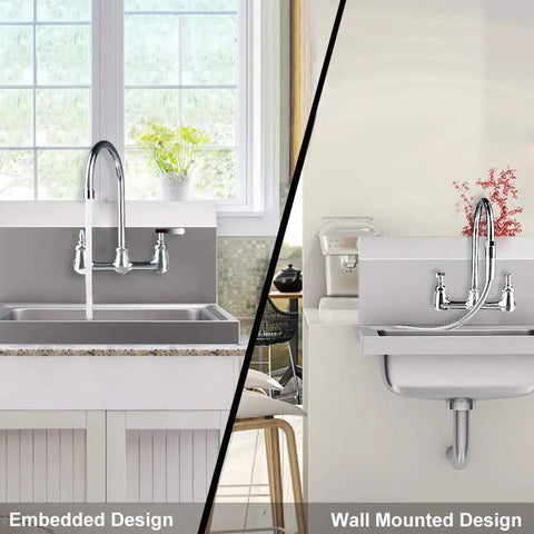 Commercial Wall Mount Kitchen Faucet With 8-Inch Center Gooseneck Swivel Spout, Two Handles in embedded and wall-mounted settings
