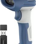 3 In 1 Wireless Barcode Scanner With Bluetooth Five Point Zero And Two Four Ghz Receiver Reads One D And Two D Barcodes On Paper Or Screens GS1 Compatible Fast Snappy Data Capture For Retail And Point Of Sale, shown with USB receiver in blue and white design.