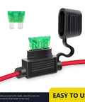 Beefy 12 Gauge Inline Fuse Holder Set Of 5 With 30 Amp ATC And ATO Blade Fuses, 8.7 Inch Leads, open lid with green fuse inside.