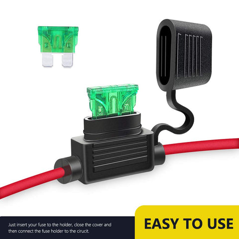Beefy 12 Gauge Inline Fuse Holder Set Of 5 With 30 Amp ATC And ATO Blade Fuses, 8.7 Inch Leads, open lid with green fuse inside.