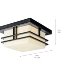 Outdoor Semi Flush Light With A Slick Black Finish, 2 Light Exterior Ceiling Light With Satin Etched Cased Opal Glass, 11.5 Inch Wide By 6.5 Inch High, Weatherproof Patio Porch Exterior Lighting, shown at an angle with dimensions labeled