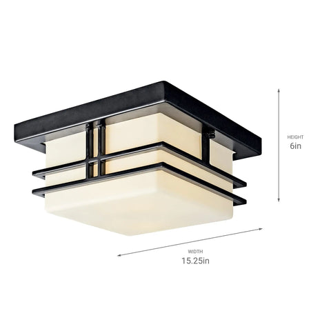 Outdoor Semi Flush Light With A Slick Black Finish, 2 Light Exterior Ceiling Light With Satin Etched Cased Opal Glass, 11.5 Inch Wide By 6.5 Inch High, Weatherproof Patio Porch Exterior Lighting, shown at an angle with dimensions labeled