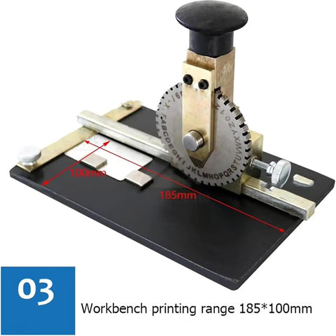 Durable Manual Metal Stamping Machine For Aluminum Brass Plates shown with a 185x100mm workbench printing range and measuring scale.
