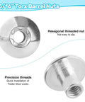 Rock Solid 5/16 Inch T55 Torx Domed Head Barrel Nuts Zinc Plated Steel showing hexagonal design for secure fit.