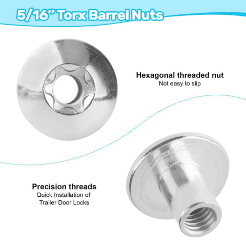 Rock Solid 5/16 Inch T55 Torx Domed Head Barrel Nuts Zinc Plated Steel showing hexagonal design for secure fit.