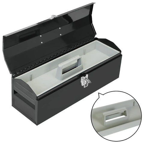 19 Inch Portable Steel Tool Box With Hip Roof Design, heavy duty metal latch, removable storage tray, corrosion resistant, black