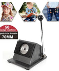 Multi Sheet Circle Punch Die Cutter 58mm And 70mm for badge making, shown with badges on clothing, featuring long arm handle.