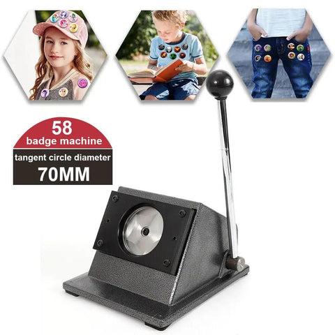 Multi Sheet Circle Punch Die Cutter 58mm And 70mm for badge making, shown with badges on clothing, featuring long arm handle.