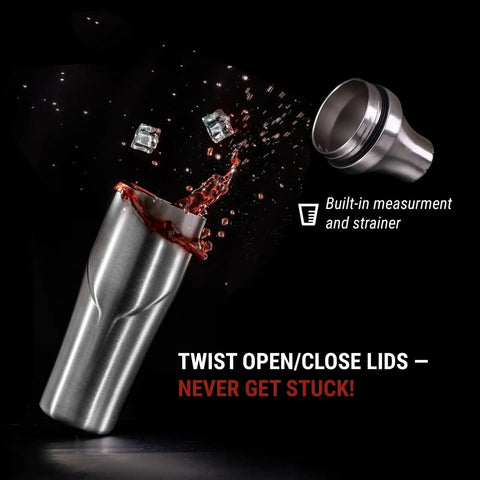 Boss Level Heavy Duty Double Wall Vacuum Insulated Cocktail Shaker Bottle Chills Your Favorite Sips Fast features built-in measurement and strainer.