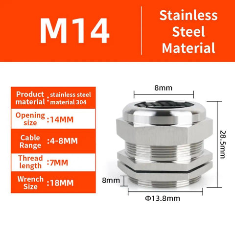 Six Pcs M14 Stainless Steel IP68 Waterproof Cable Glands Adjustable Connector Joints For 4 To 8mm Cables Cord Grip