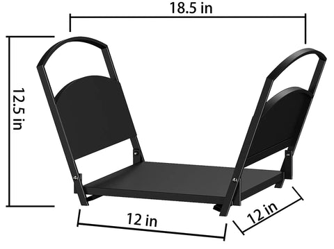Diagram of Foldable Fireplace Log Holder and Firewood Rack dimensions showing 18.5" x 12.5" x 12" in folded position
