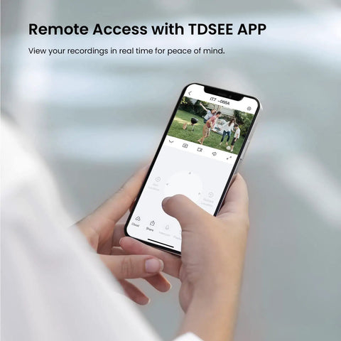 Person using TDSEE app for remote viewing on Plug And Play 16 Channel PoE NVR Security Recorder 4K Ready With Built In PoE Switch