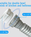Close-up of Flexible P Trap Kit Fits One And A Half Inch Or One And A Quarter Inch Double Bowl Sink Drain showing adapters.