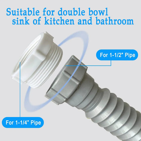 Close-up of Flexible P Trap Kit Fits One And A Half Inch Or One And A Quarter Inch Double Bowl Sink Drain showing adapters.