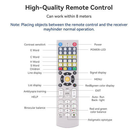 Remote control for Digital 19 Inch LCD Vision Meter with labeled buttons for clinic and home eye tests.
