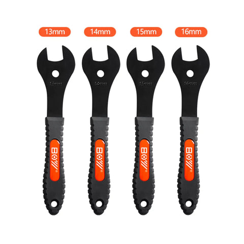 Bicycle Cone Wrench Set Slim Jaw Bike Cone Spanners 13 14 15 16 17 18 19mm Includes 2 3 4 7 Piece Sets For Narrow Gap Hub Axle Nut Installation And Removal Designed For Quick Tightening And Loosening In Cramped Wheel Hubs, showing four wrenches ranging from 13mm to 16mm.