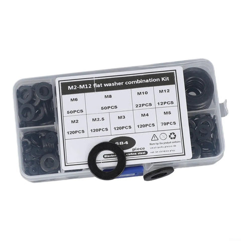 684 Piece Flat Washer Set With 9 Sizes M2 To M10 Black Zinc Plated Alloy Steel For Auto And Appliance Repair Pro Grade Heavy Duty Rust Resistant DIY Friendly Garage Must Have in compartment box