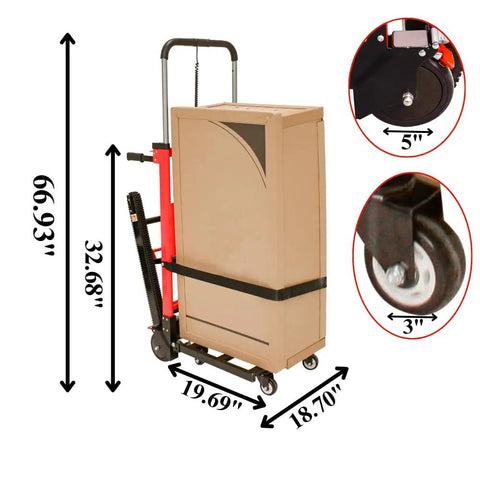Heavy Duty Electric Hand Truck With 441 Lb Capacity And 160W Motor, motorized climbing dolly with measuring dimensions.