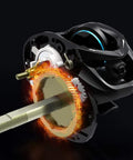 Close-up view of internal heavy duty fishing reel for outdoors with anti explosion line magnetic brake system aluminum alloy body.