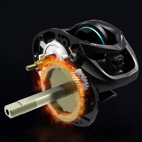Close-up view of internal heavy duty fishing reel for outdoors with anti explosion line magnetic brake system aluminum alloy body.