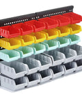 Garage Storage Bins Wall Mounted Parts Rack With 4 Color Coded Bins showing 30 Piece Bin Organizer stacked on black panel