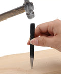 Heavy Duty Knockout Center Punch And Drill Hole Locator Set includes a person using a black alloy steel marking tool on wood.