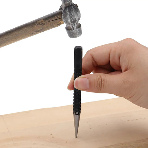 Heavy Duty Knockout Center Punch And Drill Hole Locator Set includes a person using a black alloy steel marking tool on wood.