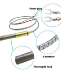 Thermopile generator, front view with 24-inch braided metal cable, brass threaded connector and power plug