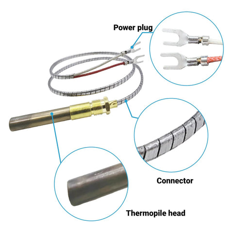 Thermopile generator, front view with 24-inch braided metal cable, brass threaded connector and power plug