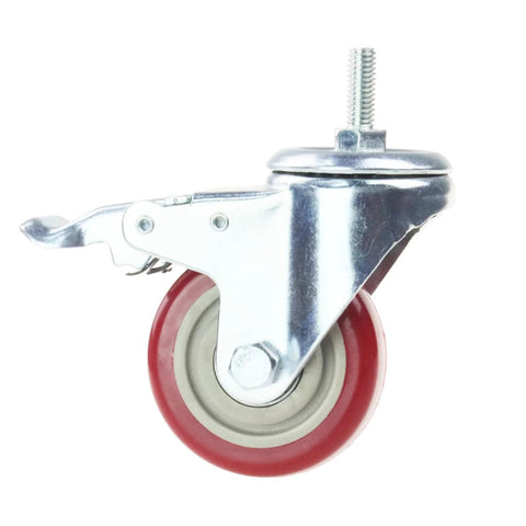 Swivel Stem Casters Heavy Duty Double Locking Castors With Red PU Wheels Quiet No Marking Safe On All Floor Surfaces M10 One Point Five By Twenty Five Millimeters Metric Thread High Load Capacity Pack Of 4 Ideal For Industrial Use In Workshops And