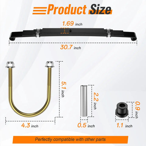 Built To Last Rear Leaf Spring Swap Kit For Club Car Precedent Golf Carts showing dimensions of springs and U bolts.