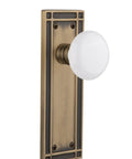 Mission Plate With White Porcelain Knob, Passage Door Hardware In Antique Brass Finish, 2 3 Quarter Inch Backset