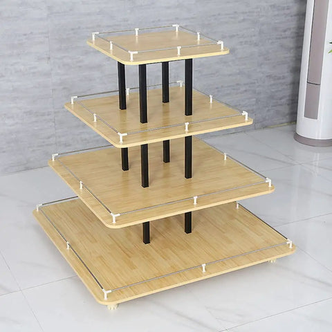 Straight Up Sturdy Four Tier Square Storage Rack Multi Purpose Steel Shelving Unit For Kitchen Warehouse Grocery Display No Fuss Organization Workhorse Built Tough To Maximize Your Living Space Efficiently with bamboo shelves and black supports.