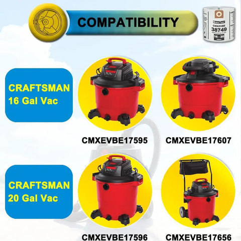 Compatibility chart showing Craftsman 16-20 gallon vacuums models for Six Pack Vacuum Bags Replacement For 16 To 20 Gallon Shop Vacuums