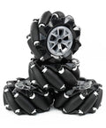 Set of four 97mm Mecanum wheels for AGV robots with hexagonal metal couplings, ABS cores, and PU rollers for omnidirectional movement.