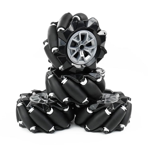Set of four 97mm Mecanum wheels for AGV robots with hexagonal metal couplings, ABS cores, and PU rollers for omnidirectional movement.