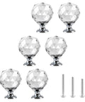 Six Pack Clear Crystal Glass Diamond Door Knob Set For Cabinets And Dressers Round Wardrobe Pull Knobs with screws visible